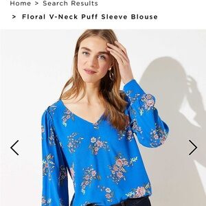 Loft Blue Floral V-Neck Long Sleeve Blouse Size Medium
